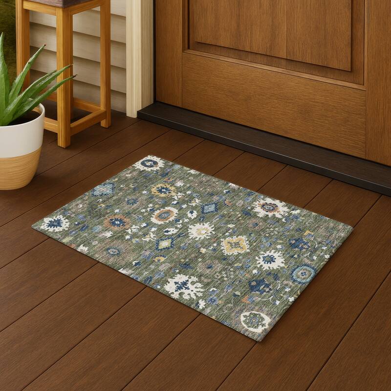 Machine Washable Indoor/ Outdoor Traditional Marci Chantille Rug - Olive - 1'8" x 2'6"