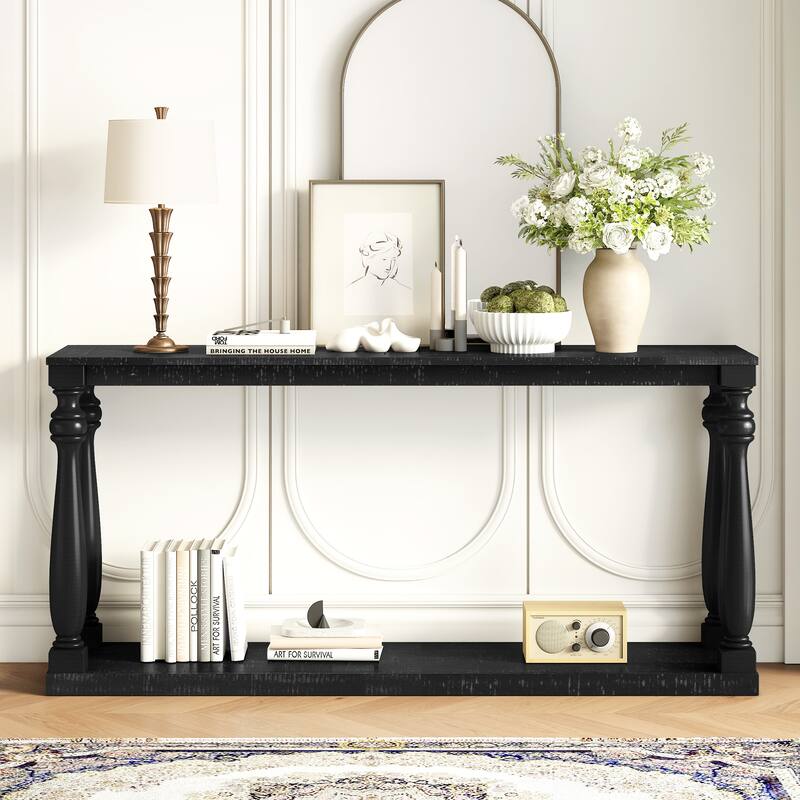 Vintage Wood Grain Console Table with Bottom Shelf and Vase Legs, 63" Narrow Long Entryway Table Living Room Side Table - Black