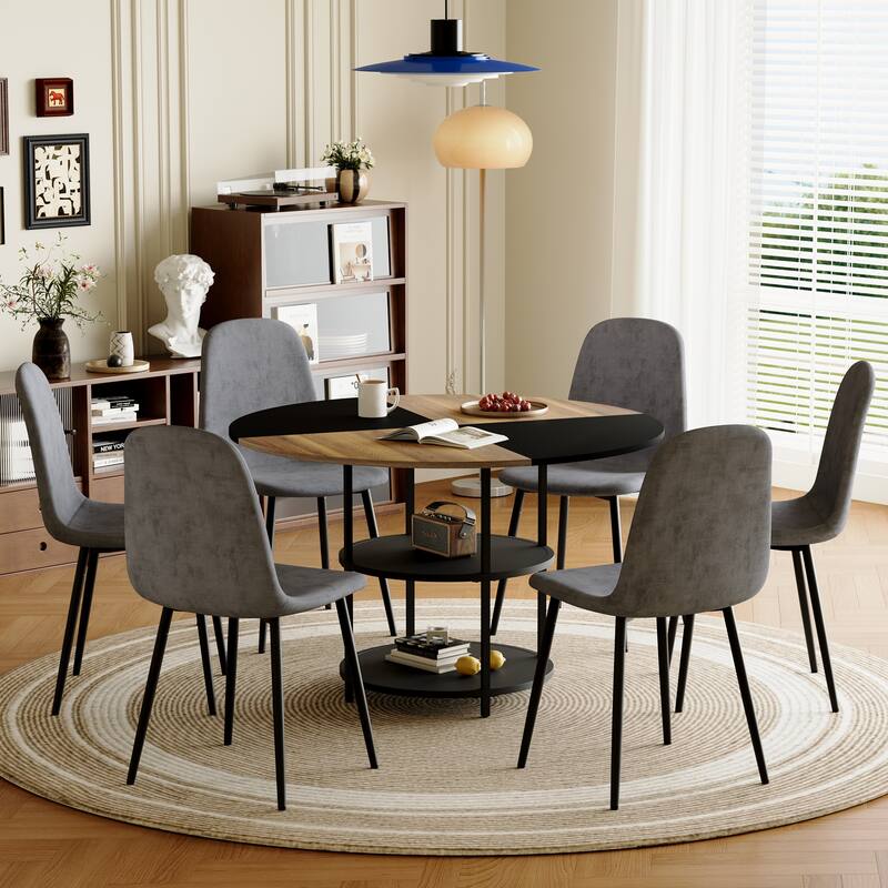 A 47.3-Inch Diameter Modern Splicing Circular Dining Table Set- Double-Layer Storage,Paired with 6 Fabric Chairs