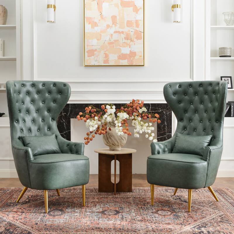 KINWELL Upholstered Tufted Faux Leather Wingback Chair PU Accent Chair - Set of 2 - Green