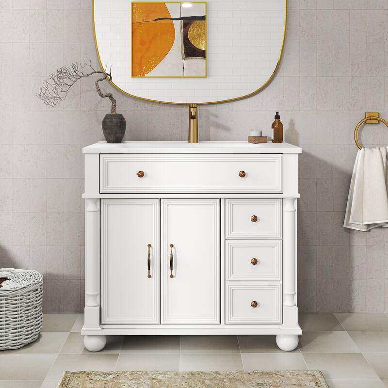 35.6-Inch Mid-Century Bathroom Vanity Sink with Roman Column Base, Farmhouse Freestanding Vanity Cabinet
