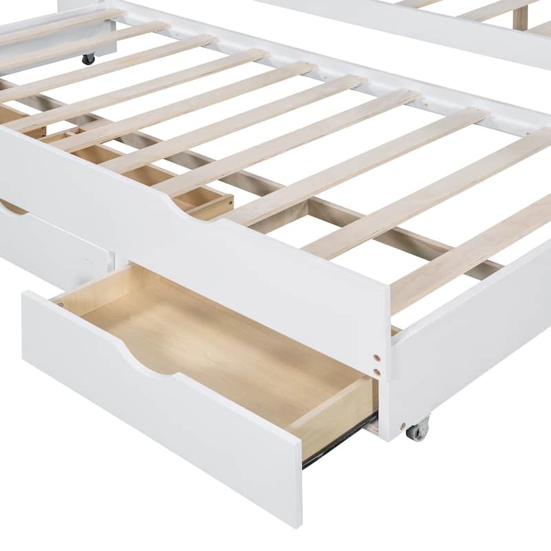 Full Size Wooden LED Platform Bed with Trundle, Storage Headboard Modern Floor Standing Bed Frame with Drawers