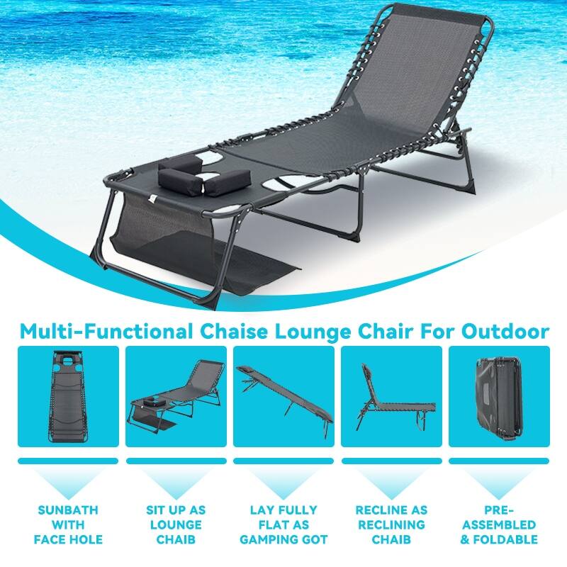 Chaise Lounge Chair Set of 2, 5-Position Adjustable Sunbathing, Foldable Tanning Chair with Face & Arm Holes - 2-Piece