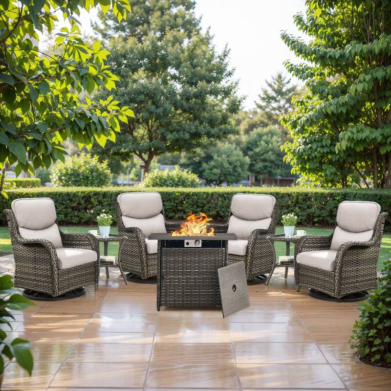 Pocassy Outdoor Swivel Chairs Patio Furniture Set - Grey Rattan - Beige Cushion - 7PCS Swivel Chairs Table with Square Fire Table