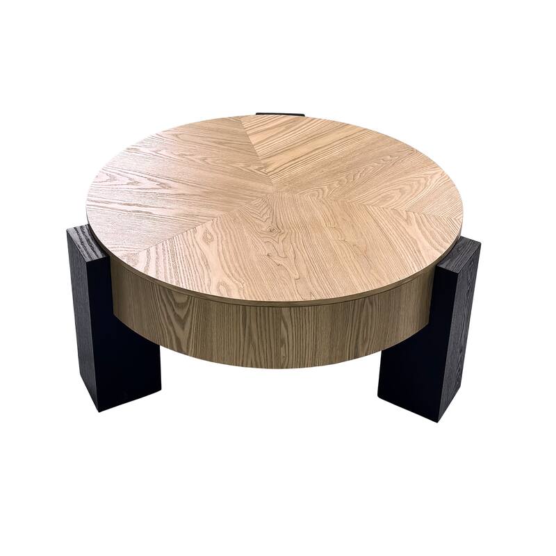 33" Round Coffee Table with Hidden Storage, Parquet Veneer Top Table, 3 Block Legs Sturdy Center Accent Table for Living Room