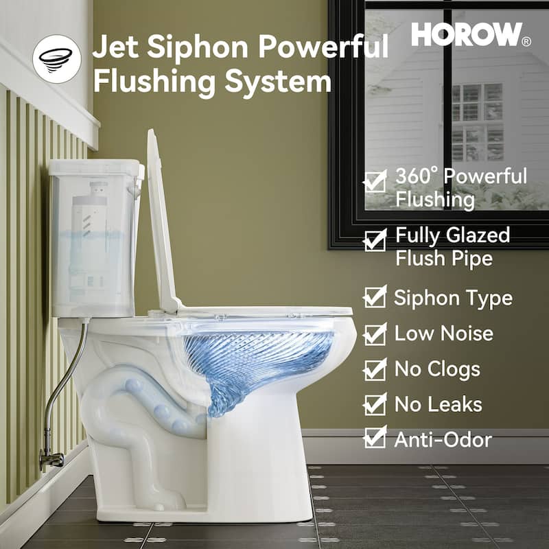 HOROW 19 Inch ADA Tall 2 Piece Dual Flush Elongated Toilet White 1.1 /1.6 GPF Strong Flush Soft Close Seat - 19 Inch