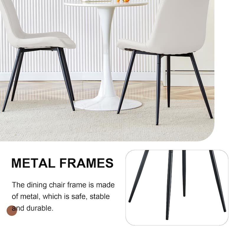 White artificial leather backrest cushion dining chair, black metal legs, curved widened cushion design for more comfort