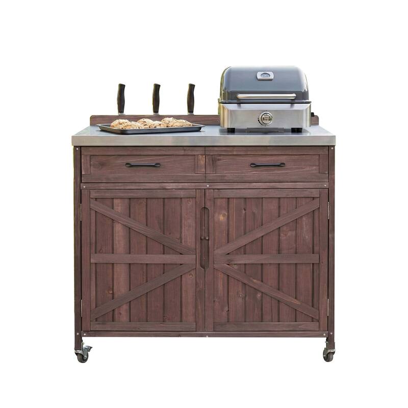 39.4" Outdoor Kitchen Island with Stainless Table Top, with One Large Drawer, Internal Storage Racks & 4 Wheels