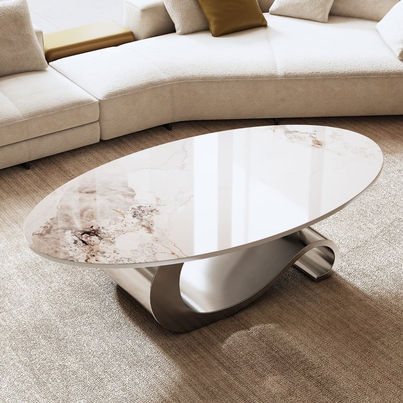 49.2" Faux Marble Oval Coffee Table, Contemporary Stainless Steel Base, Modern Center Table for Living Room