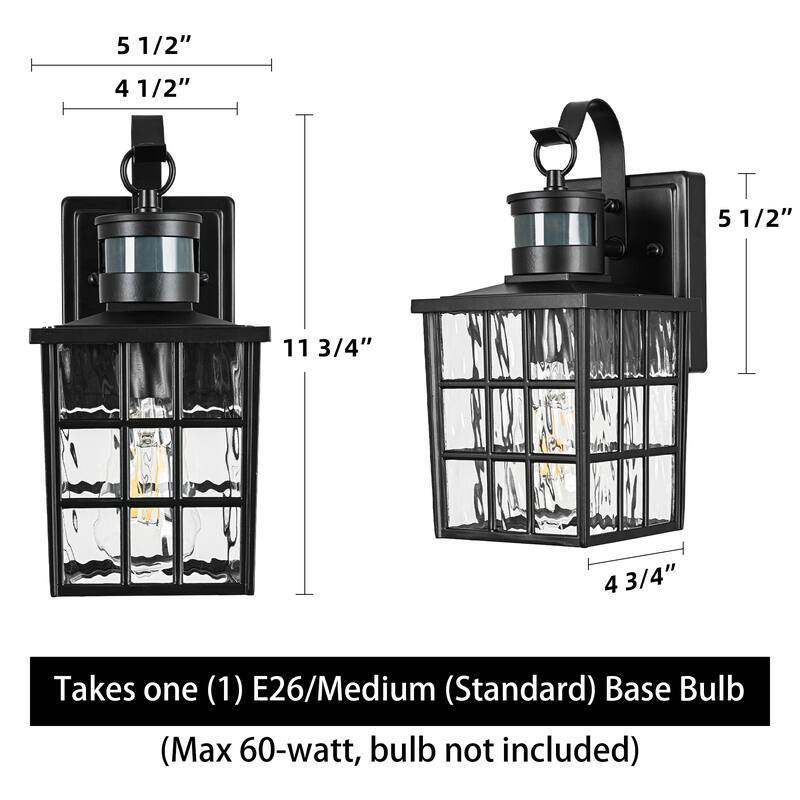 12 in. Matte Black 1-Light Motion Sensing Outdoor Wall Sconce with Dusk to Dawn and Water Wave Glass Shade