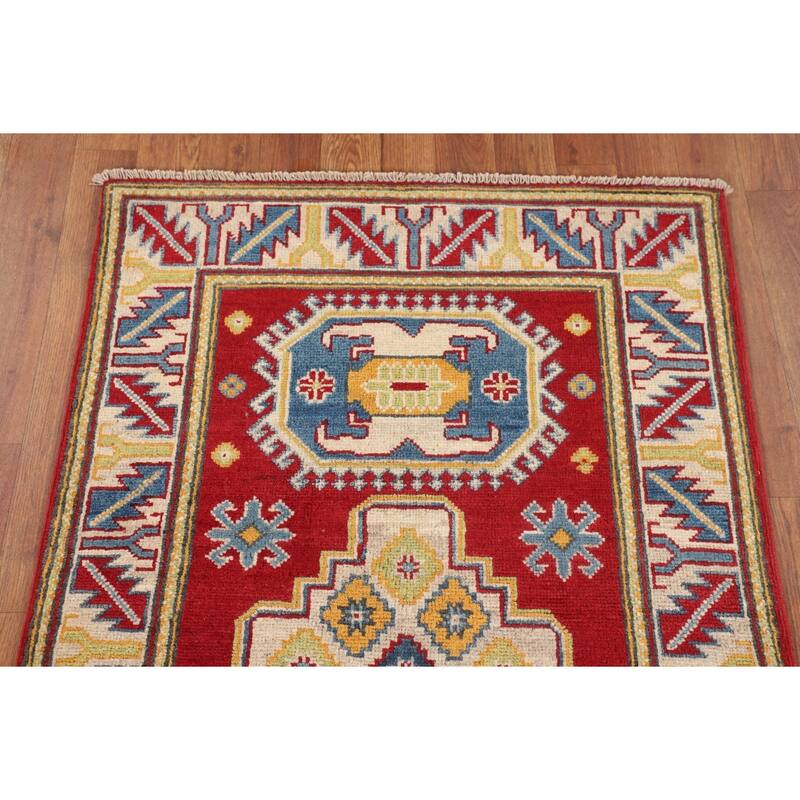 Red Geometric Kazak Foyer Rug Handmade Wool Carpet - 2'8" x 4'3"