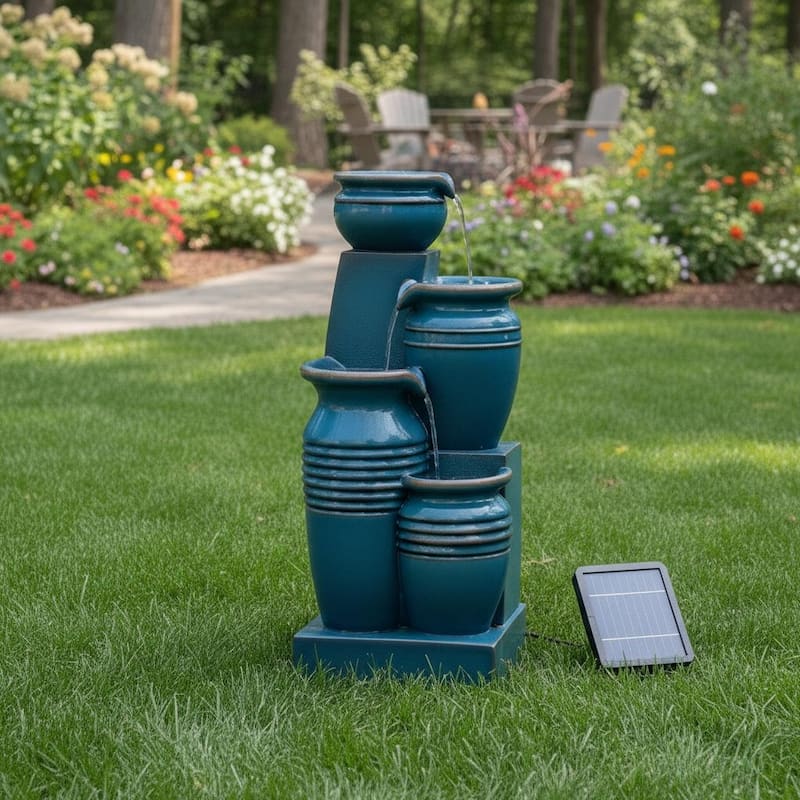 Teamson Home 28.74" 4-Tier Outdoor Fountain with LED Lights, Solar Powered, Weather-Resistant Faux Stone for Garden & Patio