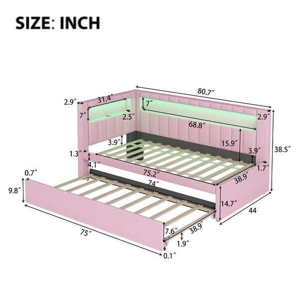 Twin Size Upholstered Platform Bed Daybed with USB Ports, LED Belt and Trundle