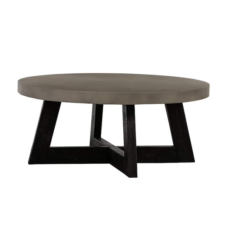 Chester 36 Inch Round Coffee Table with Concrete Top and Acacia Solid Wood Base