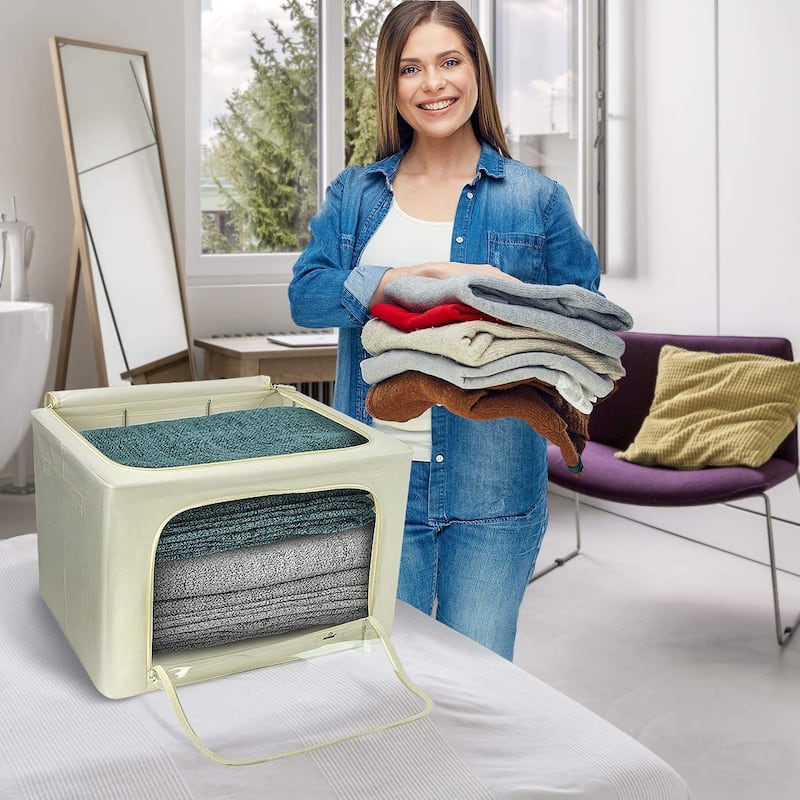 Sorbus Jumbo Storage Bins with Metal Frame Stackable Foldable Clothes Organizer Bags Oxford Fabric & Clear Window & Handles- 4Pk