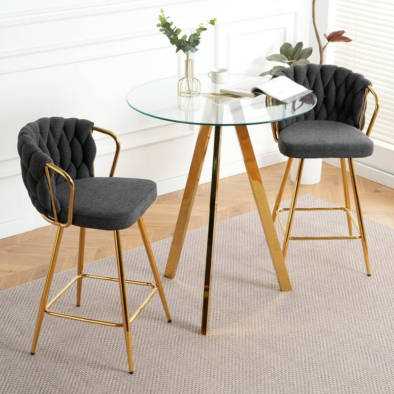3 Piece Round Tempered Glass Dining Table Set, with Gold-plated Metal Legs