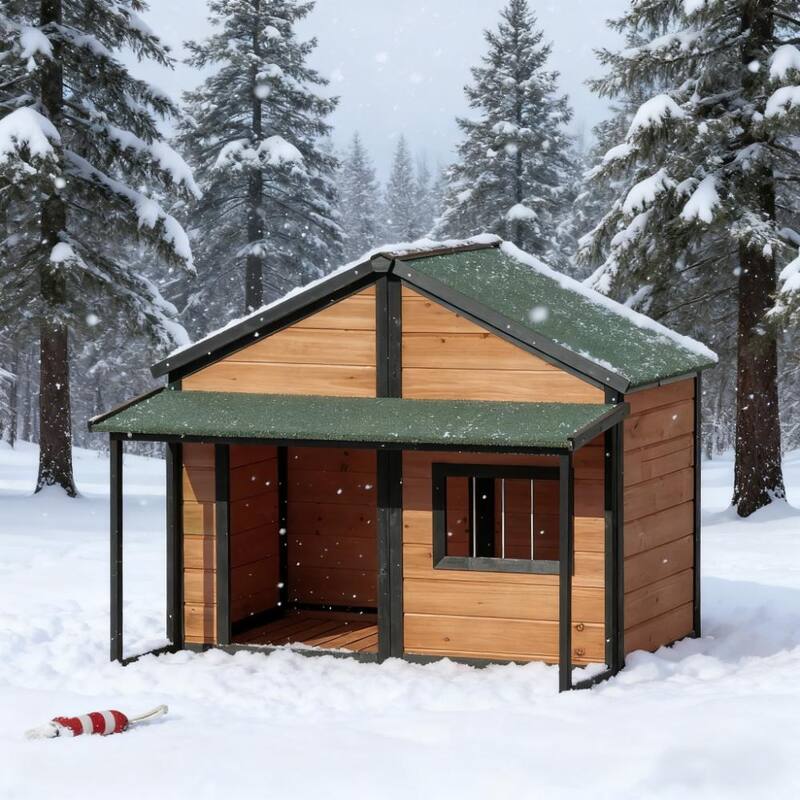 Wooden Raised Dog Kennel House with Asphalt Roof, Front Door, Side Window & Porch