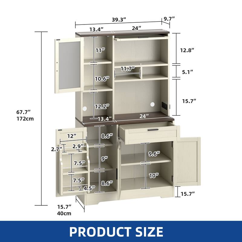 Moasis Farmhouse Kitchen Food Pantry Cabinet Kitchen Storage Cabinet with Adjustable Shelve And Built-In Charge Station