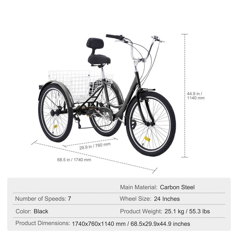 Black Carbon Steel 3-Wheel Bike with 7-Speed and Cargo Basket - 68.5” L x 29.9” W x 44.9” H