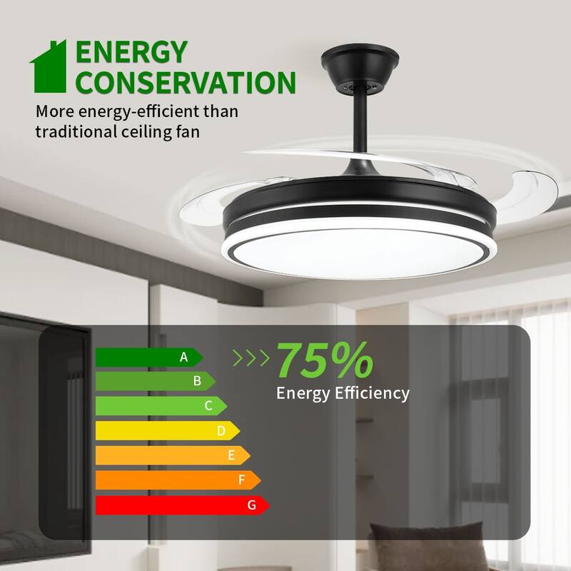 42" Crystal Ceiling Fan with Light & Remote, Retractable LED Blades, 3 Colors & 6 Speeds