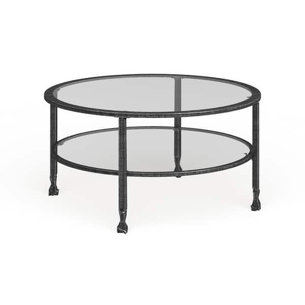 slide 2 of 13, SEI Furniture Glenn Distressed Black Metal Round CoffeeTable with Glass Top and Shelf Black - Glass