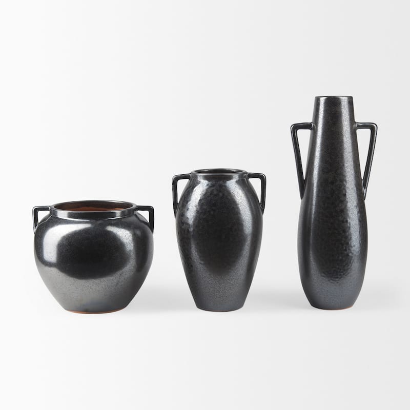 Kora Dark Gray And Brown Metallic Double Ear Vase (11") - 7.5L x 7.5W x 11.2H