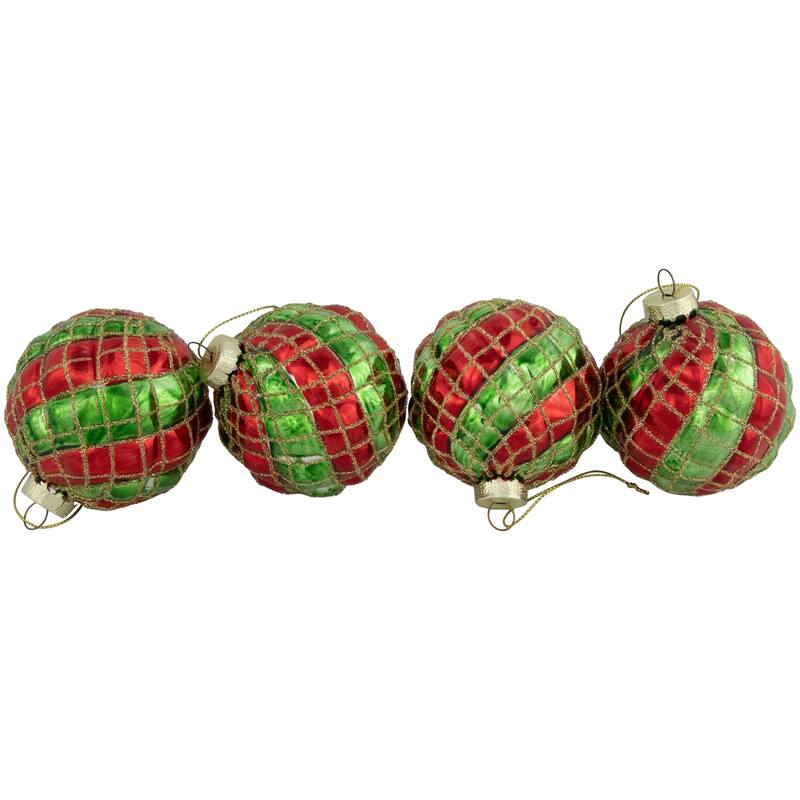 Glitter Lattice Striped Christmas Glass Ball Ornaments - 3" (80mm) - Red and Green - 4ct
