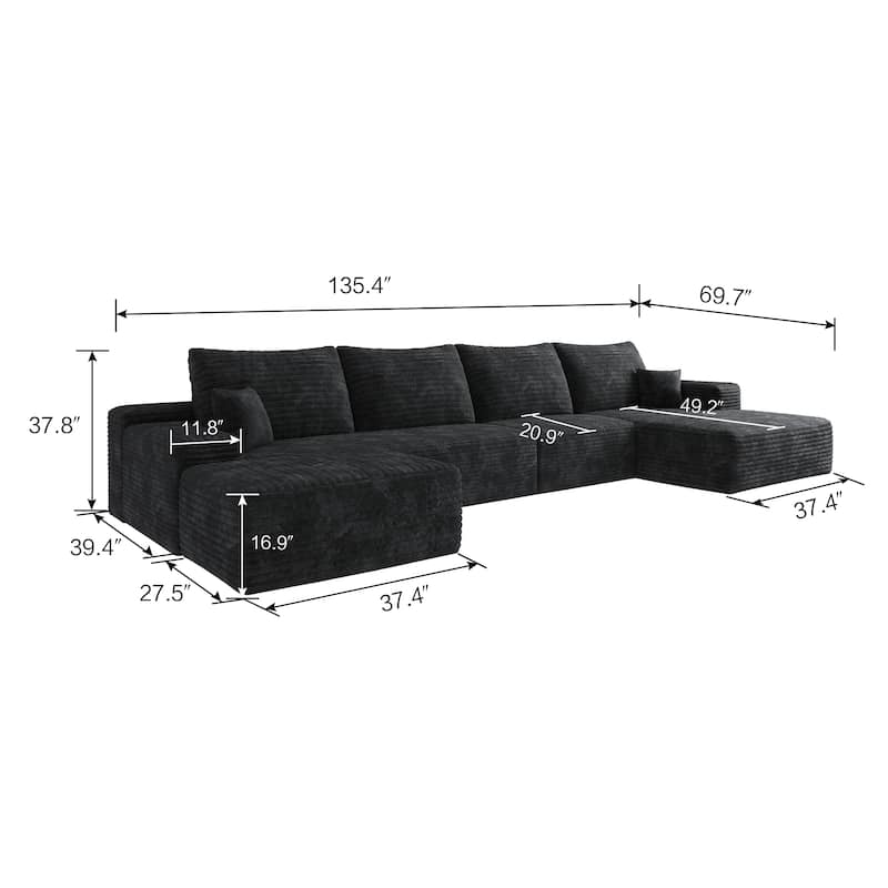 Floor Standing Chaise Lounge Couch Corduroy Upholstered Sectional Sofa Living Room Modular Deep Seat Sofa with Ottoman