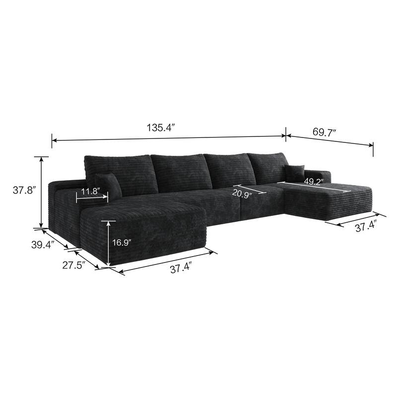 U Shaped Modular Sectional Sofa with Ottoman & Chaise, Corduroy Upholstered Boneless Couch, Corner Deep Seat Compressed Sofa