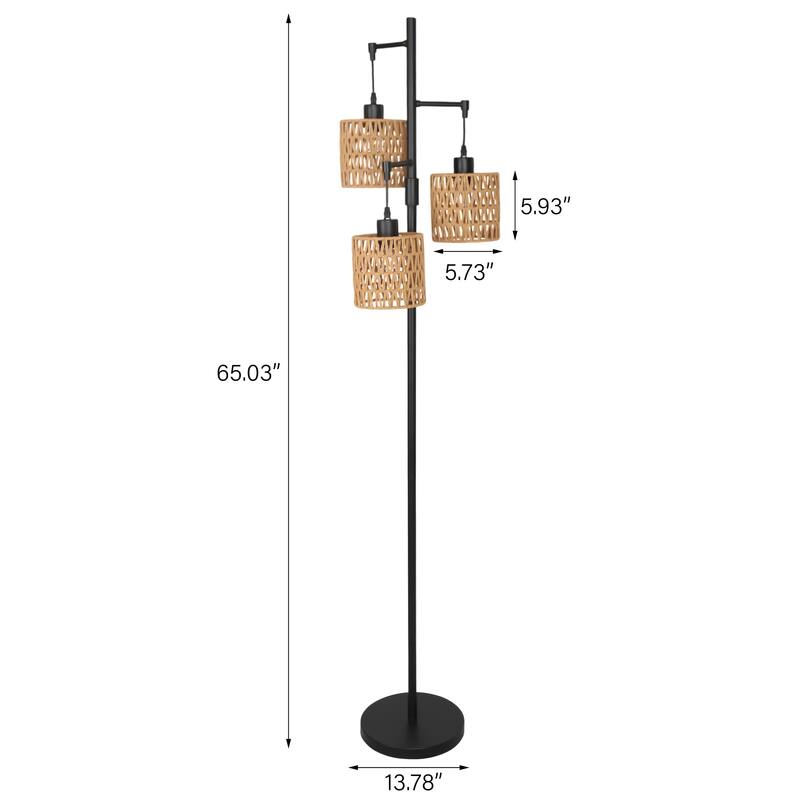 3 Light Rattan Standing Tall Lamp Vintage Floor Lamps