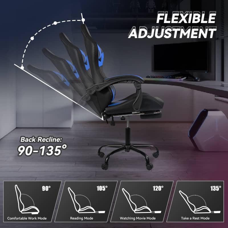 Gaming Chair Black-Blue - Ergonomic PU Seat w/Adjustable Armrests & Metal Legs​