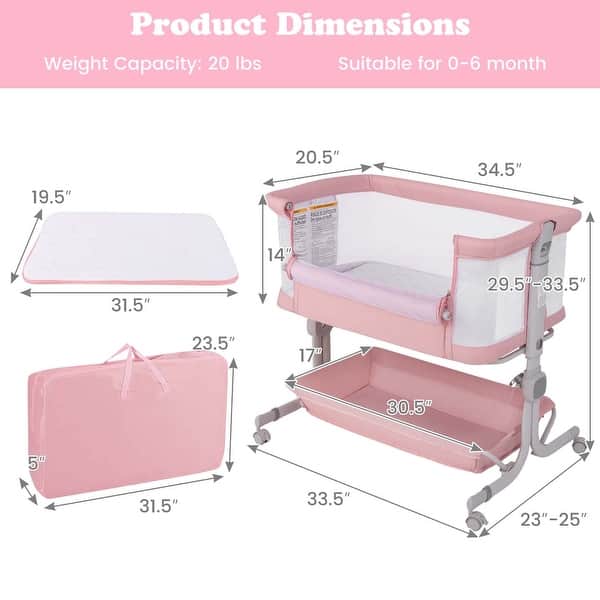 dimension image slide 2 of 3, Costway Baby Bassinet Bedside Sleeper with 6-Level Adjustable Height - See Details
