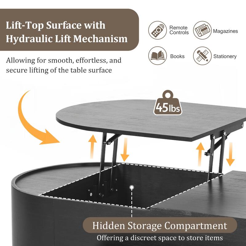 Lift Top Coffee Table with 360-degree Marble-patterned rotating tray
