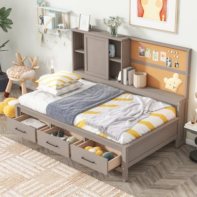 Wood Twin Size Lounge Daybed Frame with Storage Shelves, Cork Board, USB Ports and 3 Storage Drawers for Bedroom, Guest Room
