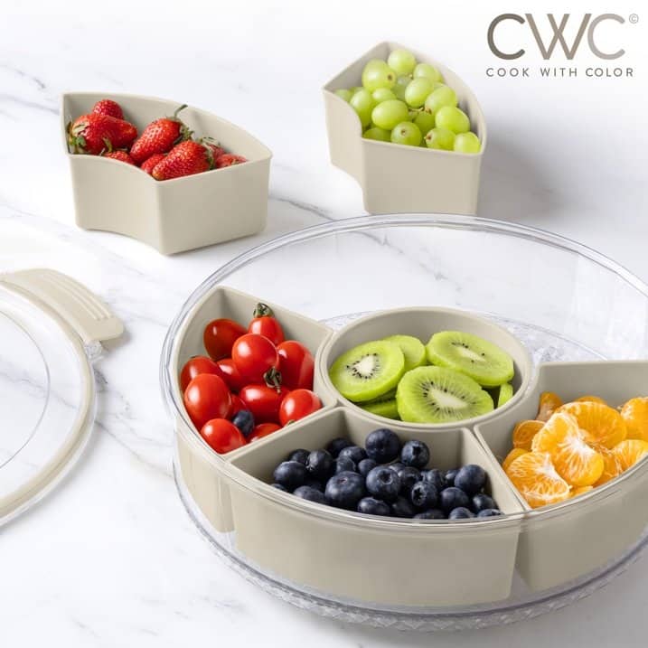 COOK WITH COLOR Round Snackle Box – 6-Compartment Serving Tray with Lid and Handle,Kids Lunch Box & Meal Prep Snack Container