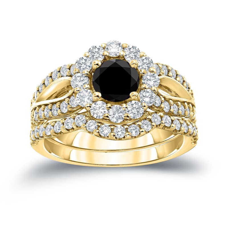 Auriya 14k Gold 2 1/3ctw Halo Black Diamond Engagement Ring Set - 7 - Yellow