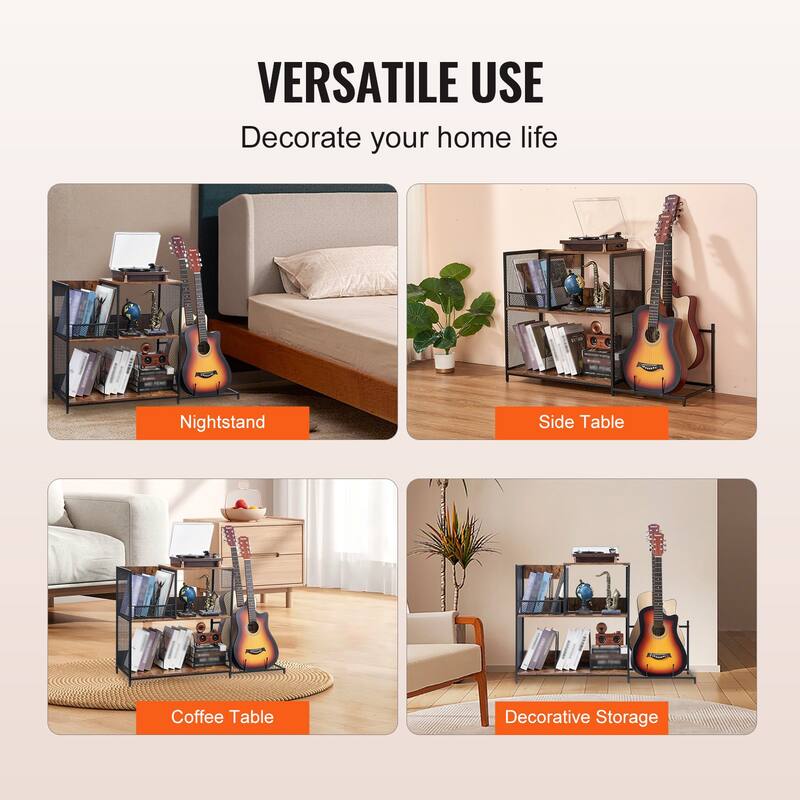 3-Tier Turntable Record Player Stand with Guitar Holder and Extra Large Storage Space - 44.61" x 14.17" x 30.12"