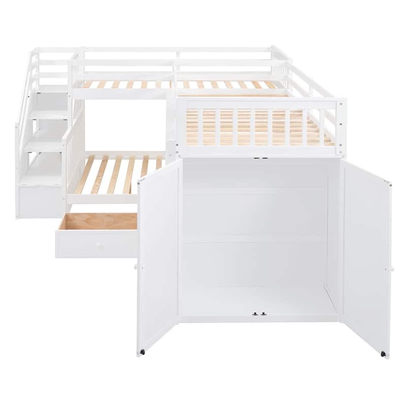 Twin-Twin over Full L-Shaped Bunk Bed With 3 Drawers, and Portable Desk and Wardrobe