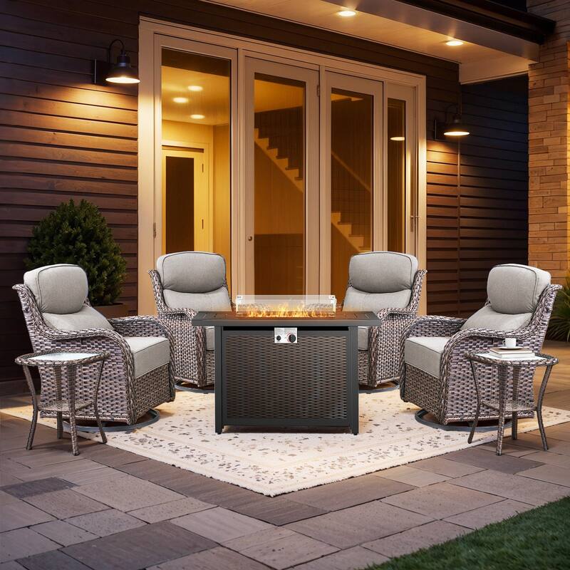 Pocassy Patio Furniture Set with 43 inch Fire Pit Table - Gray Cushion Brown Wicker - 7-Piece Fire Pit Table w/ Swivel Chair Table Set