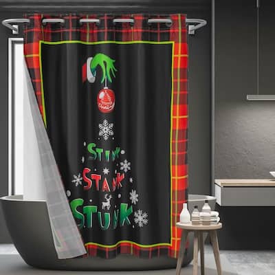 No Hook Christmas Shower Curtain with Snap-in Liner Set