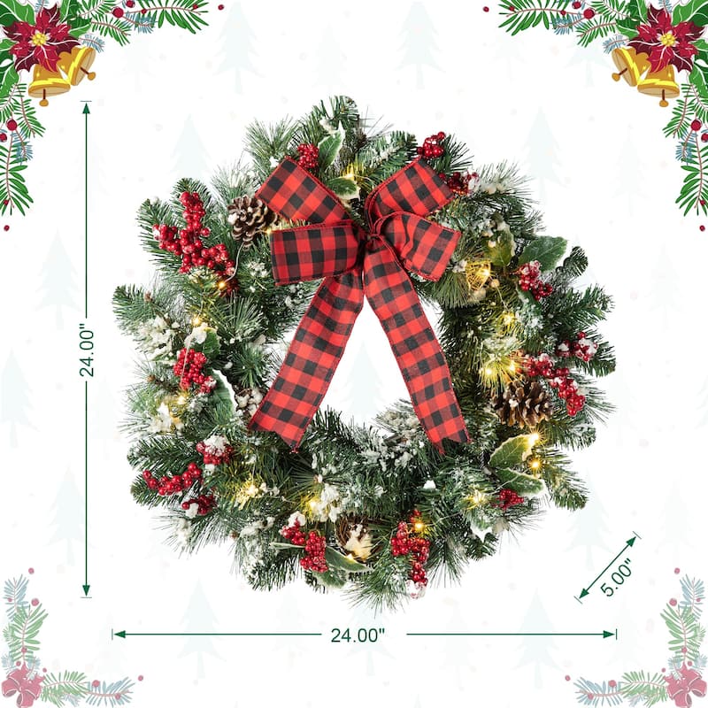 Glitzhome 24"D Snow Berry Twig Ball Pinecone Holly Pine Wreath with Lights & Timer