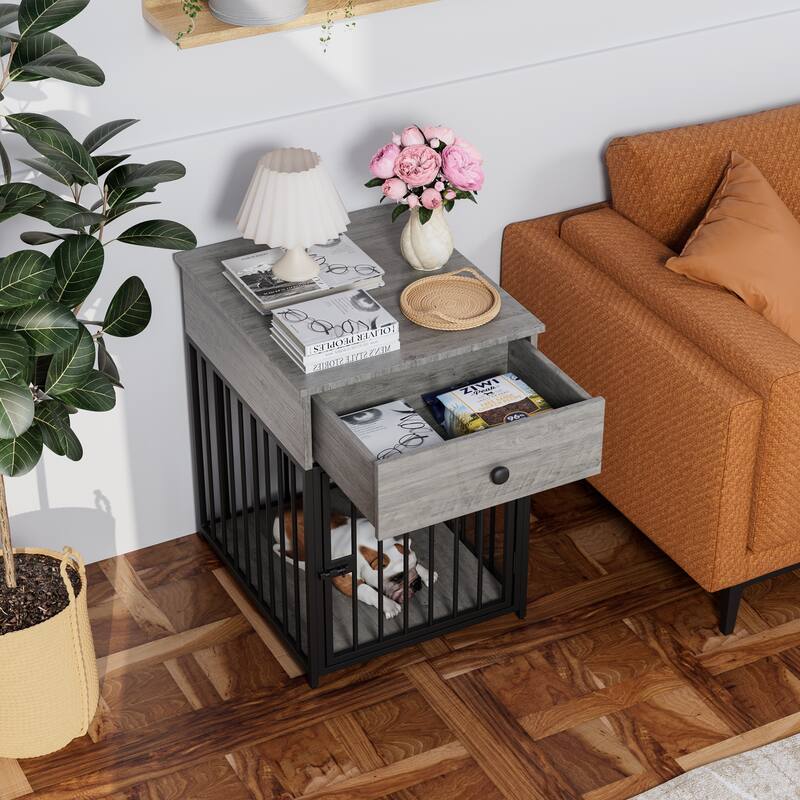 Dog Crate Furniture, Dog House, Decorative Dog Kennel with Drawer, Indoor Pet Crate End Table for Small Dog, Iron-Tube Dog Cage