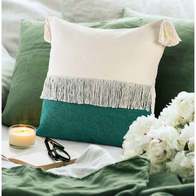 20" Green and White Fringe Color Block Square Throw Pillow