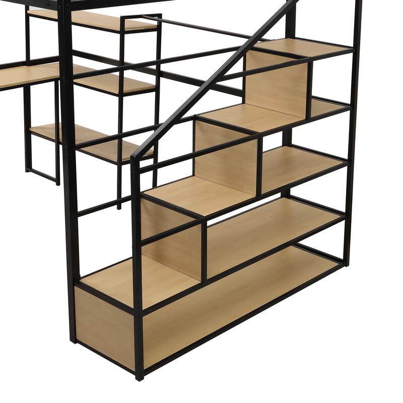 Full Size Loft Bed w/Staircase, Full-Length Guardrails, Built-in Desk