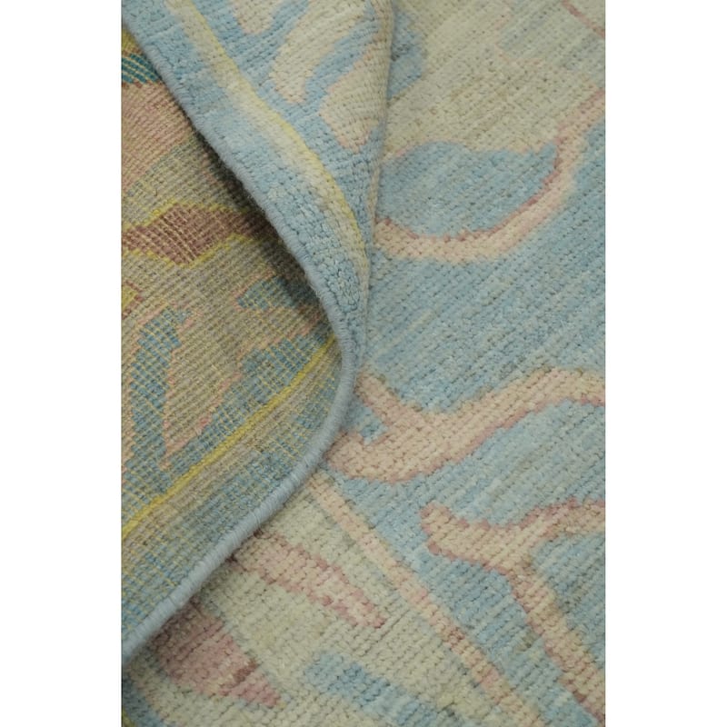 Handmade Blue Oushak Vegetable Dye Large Rug, Floral Medallion Carpet - 14' 6'' X 12' 2''