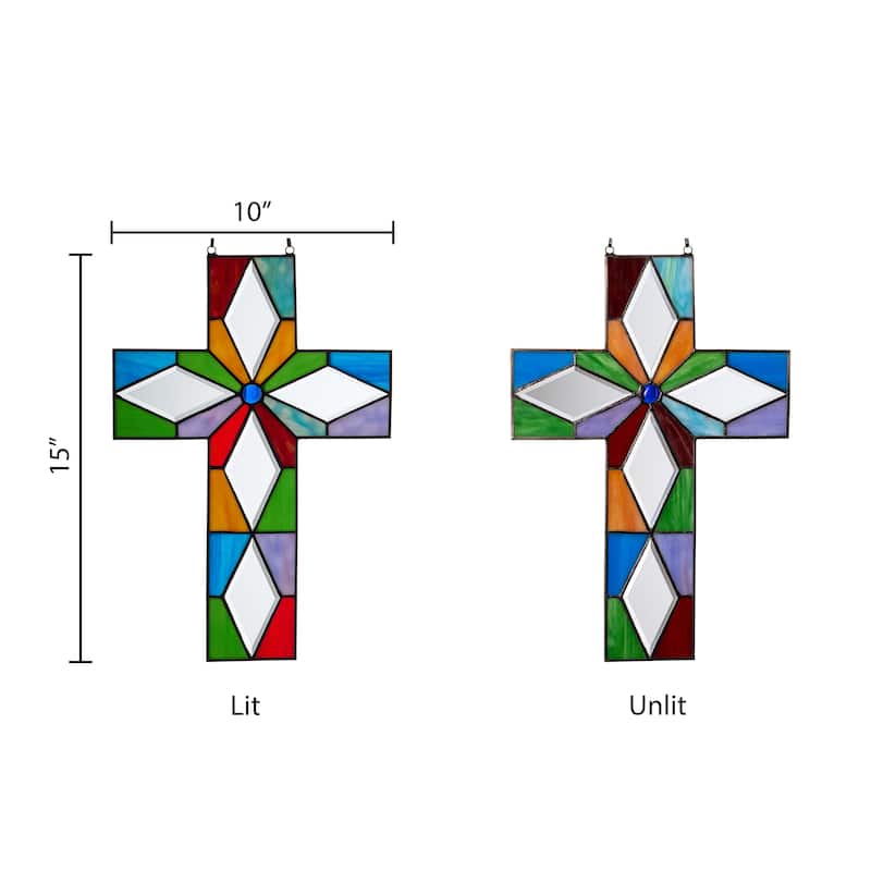River of Goods 15-Inch Multicolor Cross Stained Glass Window Panel - 10" x 0.25" x 15"