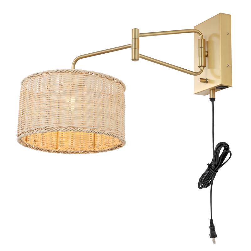 SAFAVIEH Lighting Bramley Wall Sconce (Set of 2) - Brass/Natural Rattan - 10"W x 21"D x 12"H