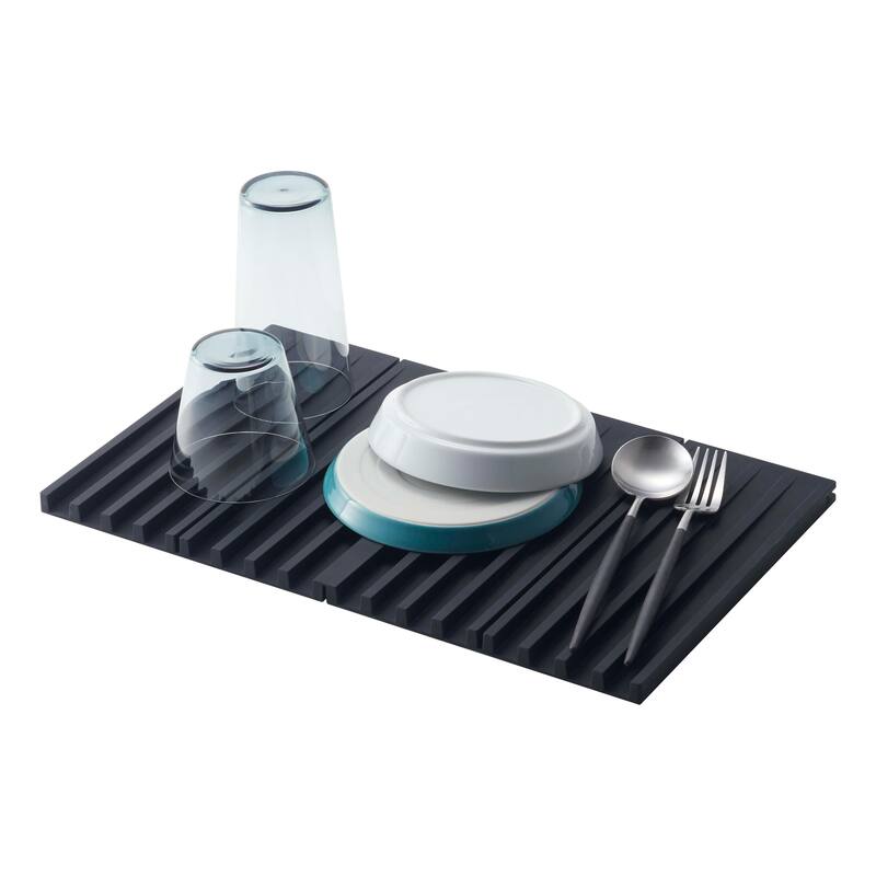 Yamazaki Home Folding Dish Drainer Mat and Trivet, Silicone, Collapsible - L 9.84 x W 15.94 x H 0.51 inches - Black