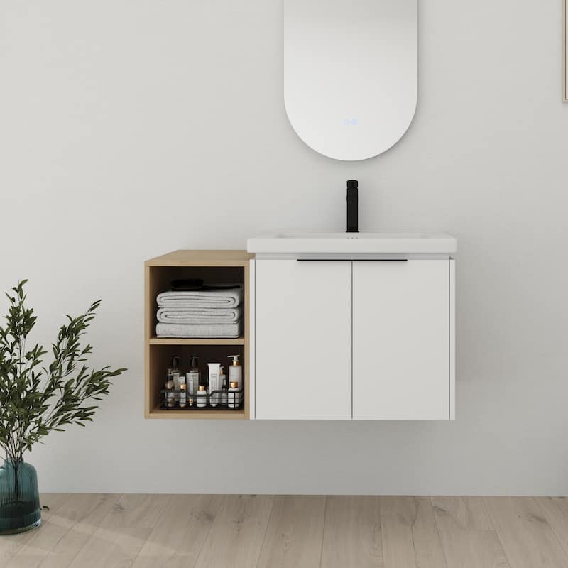 Bathroom Vanity With Sink In 24/36/48/60/72/84 Inch, Floating Bathroom Vanity With Soft Close Door and Shelf - 35.7''W - White-Ceramic Sink