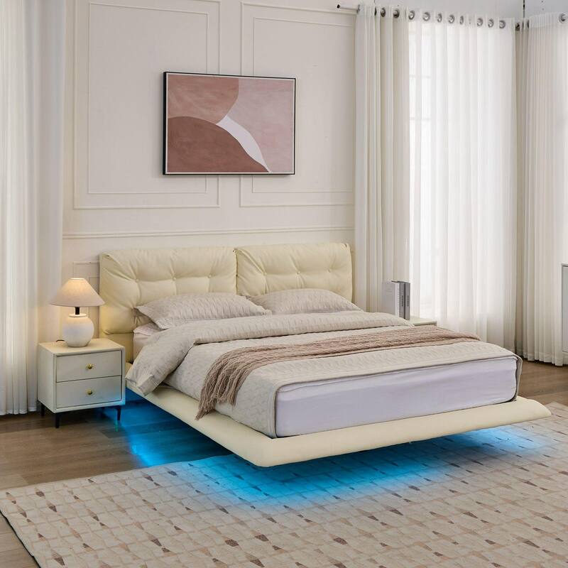 Queen Size LED Upholstered Platform Bed with Button-Tufted Headboard, Easy Assembly, No Box Spring Needed, White